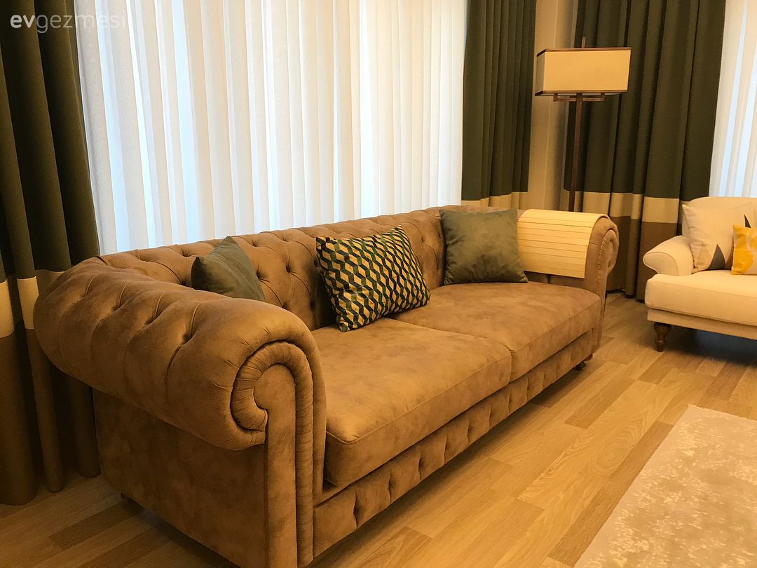 Salon, Fon perde, Chesterfield, Kahverengi, Lambader, Perde