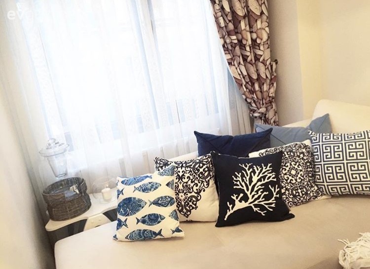 Fon perde, Köşe koltuk, Mavi, Oturma Odası, Perde, Kırlent