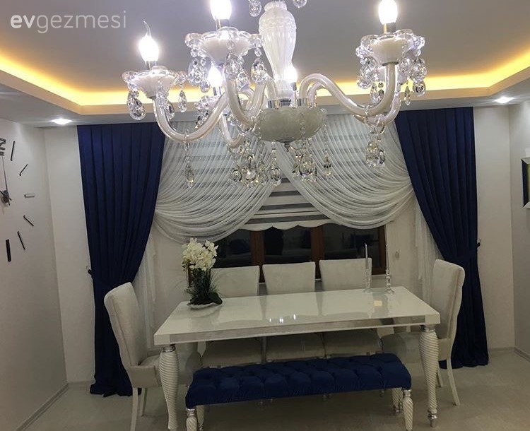 Avize, Fon perde, Kruvaze perde, Lacivert, Perde, Salon, Yemek Odası, Aydınlatma