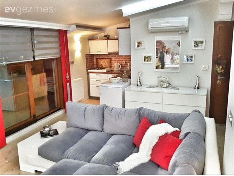 Amerikan Mutfak, Gri, Kırmızı, Oturma Odası