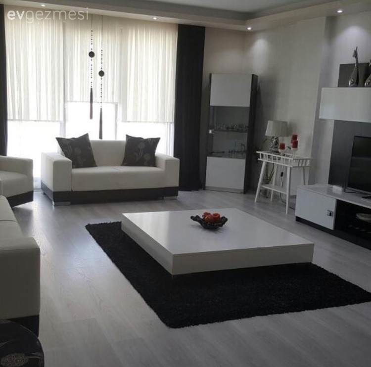 Beyaz, Halı, Orta sehpa, Salon, Siyah, Siyah- Beyaz