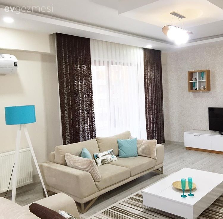 Kahverengi, Krem, Lambader, Mavi, Perde, Salon, Aydınlatma