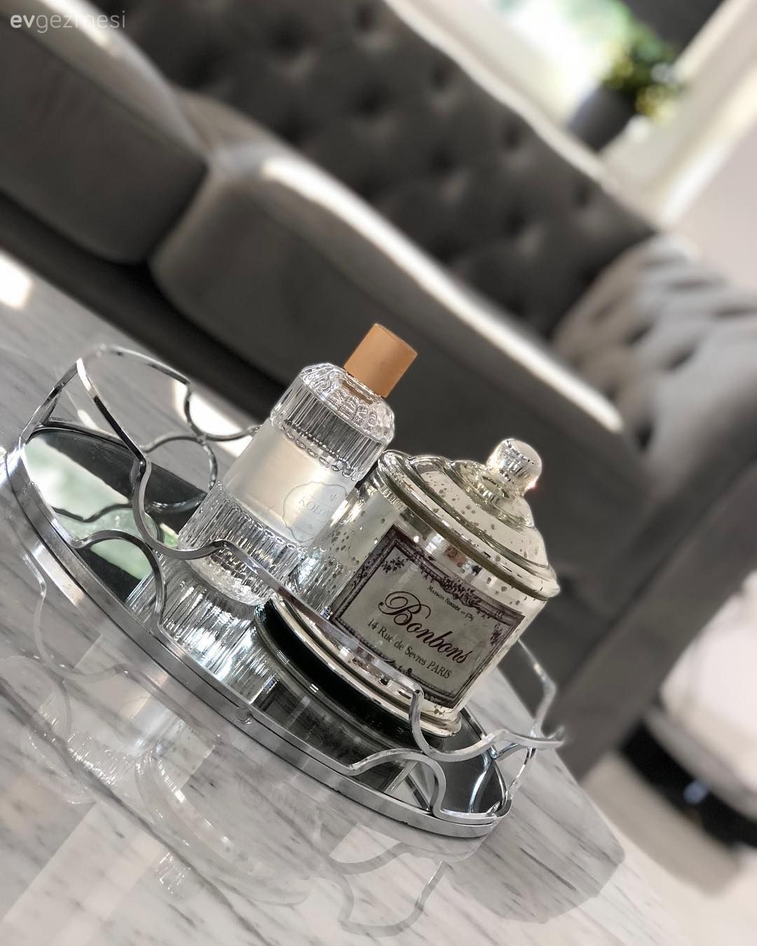 Salon, Mermer, Gri, Aynalı tepsi, Sehpa üstü aksesuarı