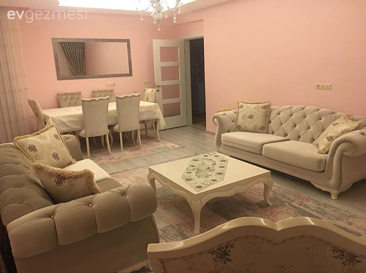 Salon, Pembe duvar, Yemek Odası, Klasik, Pembe, Krem