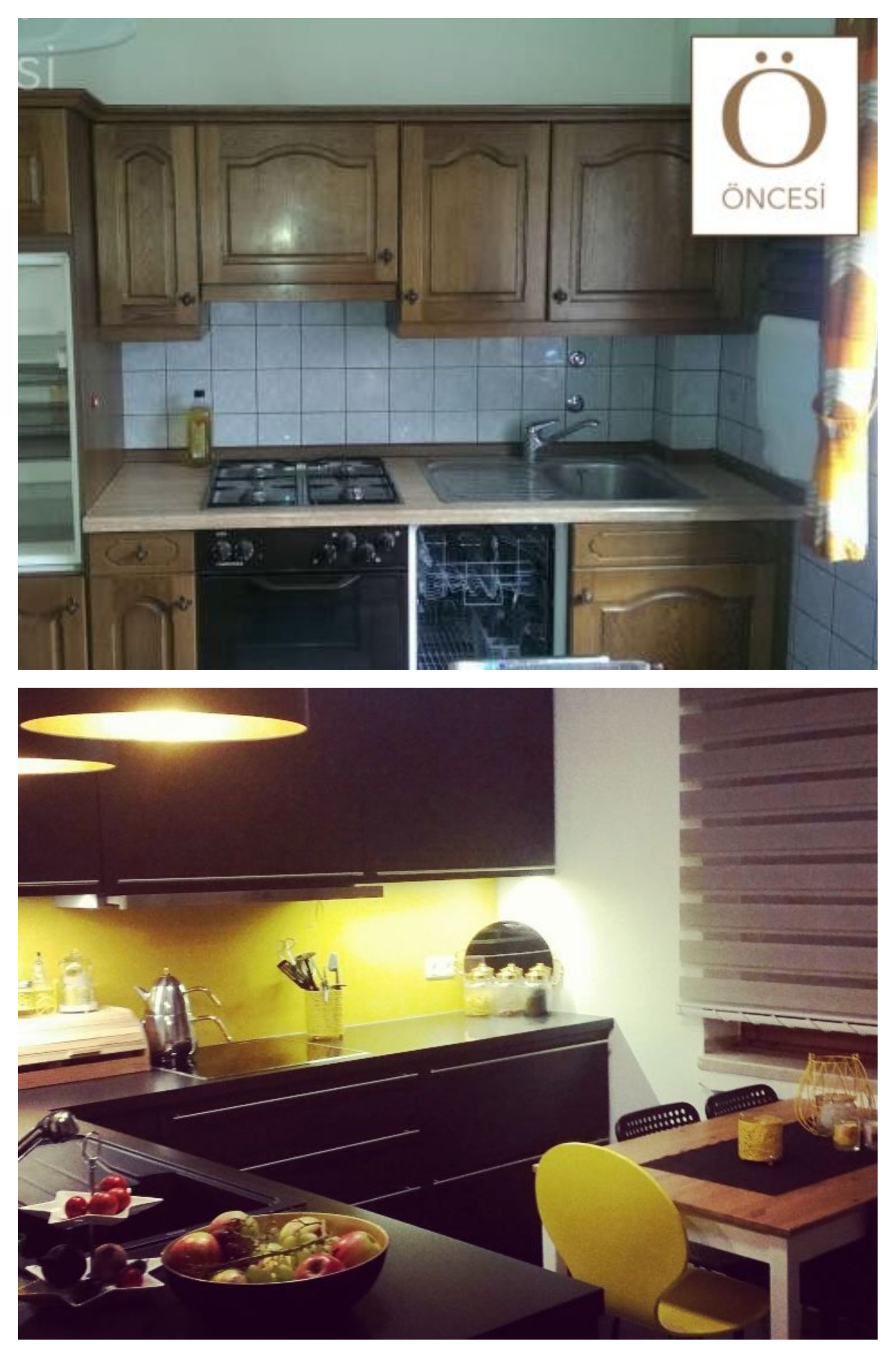 Sarı dokunuşlarla canlanan sıradışı bir siyah mutfak. Tuğba hanımın öncesi&sonrası mutfak dönüşümü.