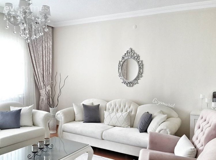 Ayna, Beyaz, Fon perde, Mor, Orta sehpa, Salon, Vintage, Perde