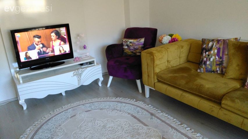 Berjer, Halı, Mor, Salon, Sarı, Tv ünitesi