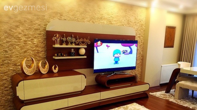 Ahşap Mobilya, Salon, Taş duvar, Tv ünitesi