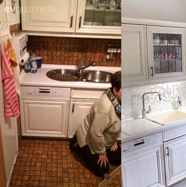 Fayans ve zemin değişikliğiyle dönüşüm geçirmiş bir mutfak