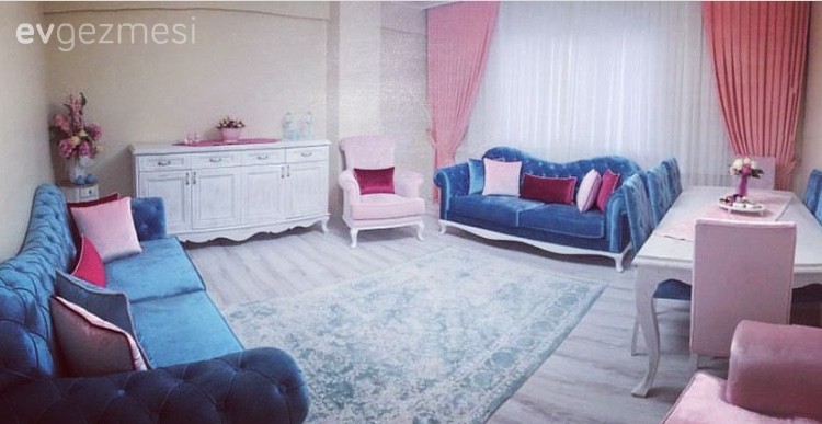 Fon perde, Halı, Konsol, Mavi, Pembe, Salon, Perde