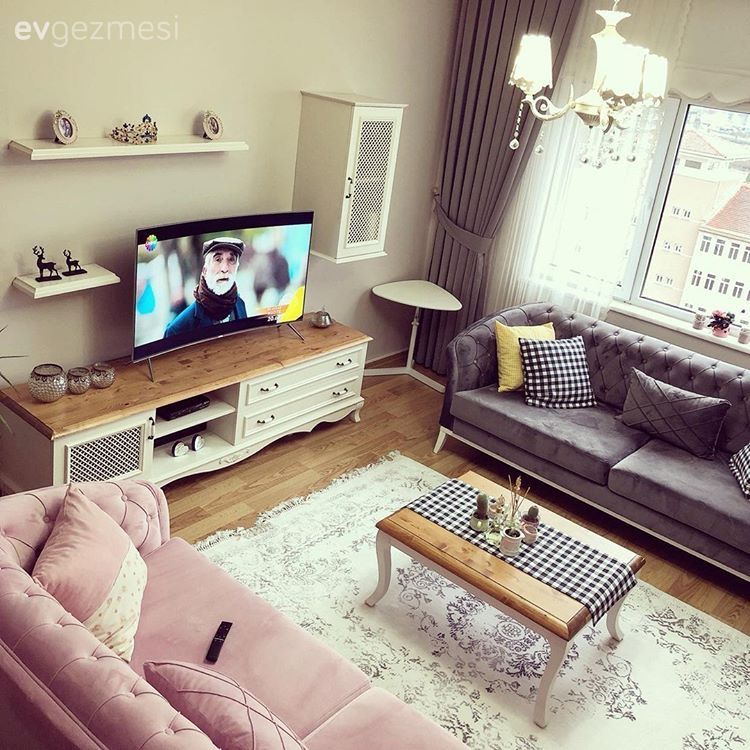 Salon, Gri, Country, Orta sehpa, Halı, Tv ünitesi, Perde, Fon perde, Avize