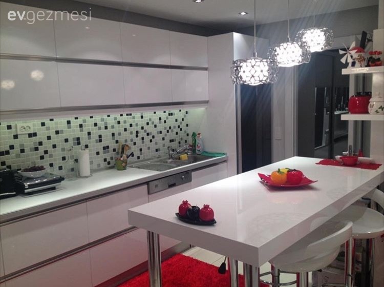 Aydınlatma, Beyaz mutfak, Kırmızı, Mutfak