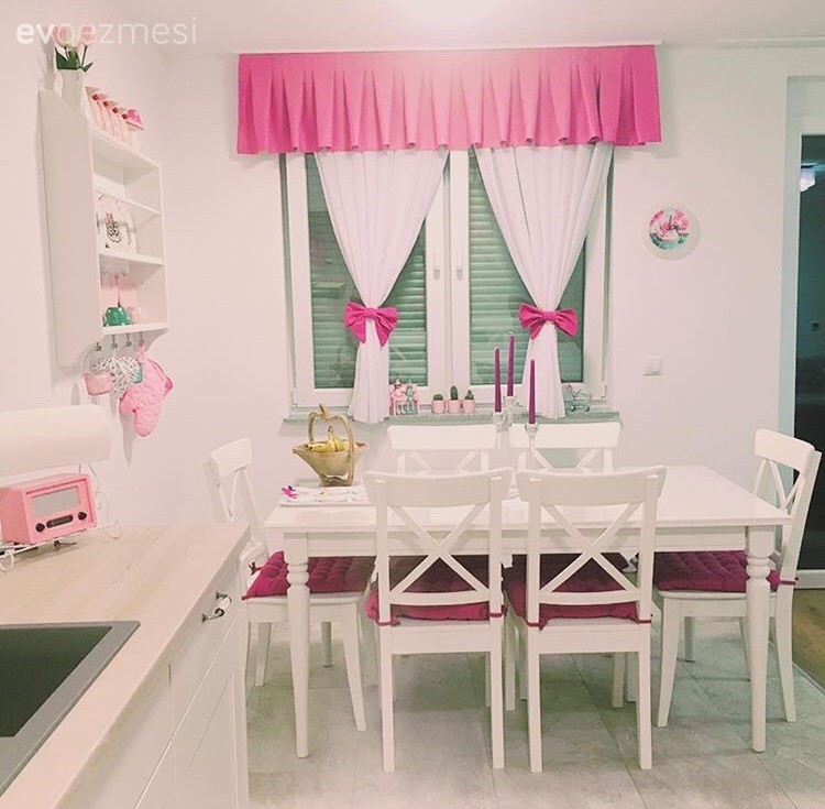 Beyaz mutfak, Country mutfak, Mutfak, Pembe, Perde