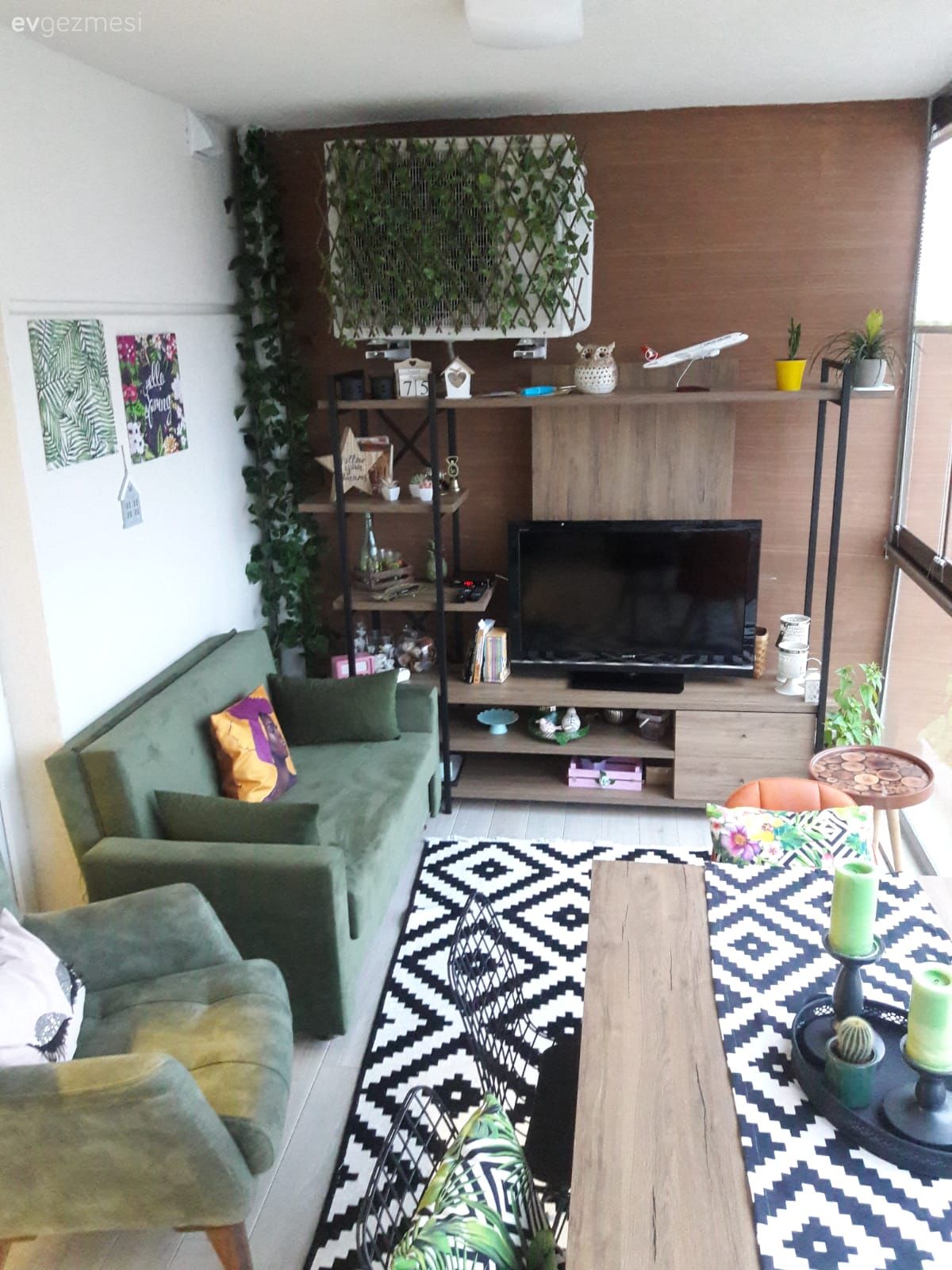 Kapalı balkon, Tv ünitesi, Yeşil, Siyah- Beyaz, Geometrik desen