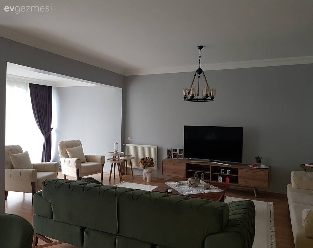 Salon, Gri, Berjer, Tv ünitesi, Ahşap Mobilya, Yeşil, Avize