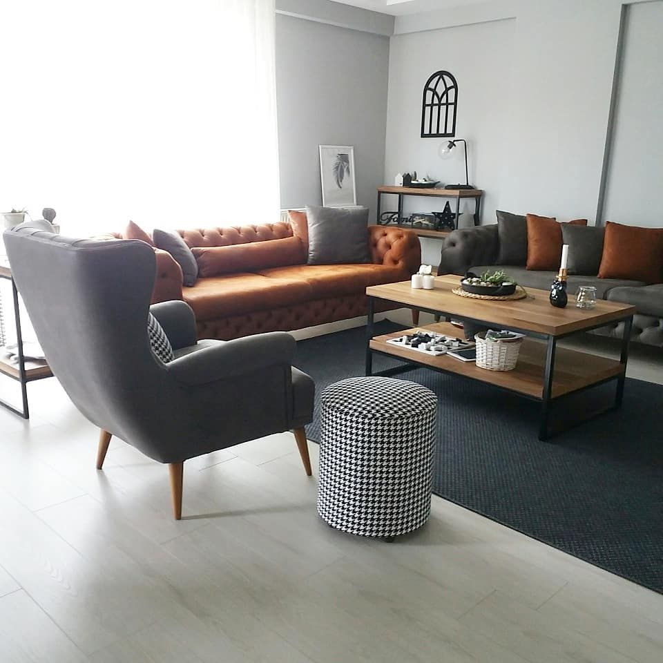Salon, Orta sehpa, Puf, Turuncu, Gri, Berjer, Halı, Ahşap Mobilya