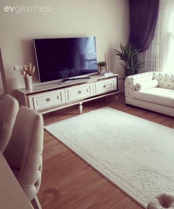 Salon, Aynalı mobilya, Tv ünitesi, Beyaz halı, Halı