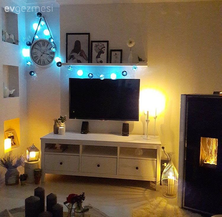 Aydınlatma, Duvar dekorasyonu, Ikea, Duvar rafı, Salon, Tv ünitesi