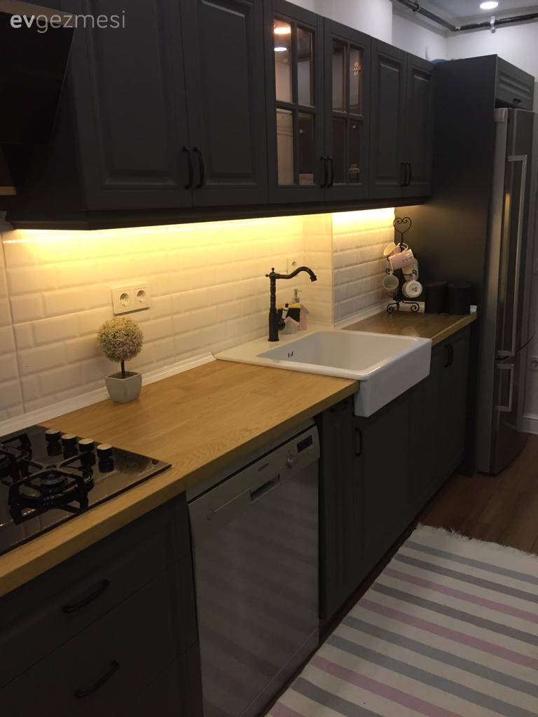 Gri, Gri mutfak, Eviye , Ahşap mutfak tezgahı, Mutfak, Country mutfak, Tezgah arası seramik, Metro seramik, Mutfak tadilat