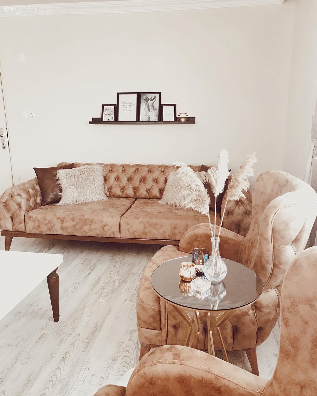 Salon, Berjer, Chesterfield, Modern chesterfield, Kahverengi, Sehpa