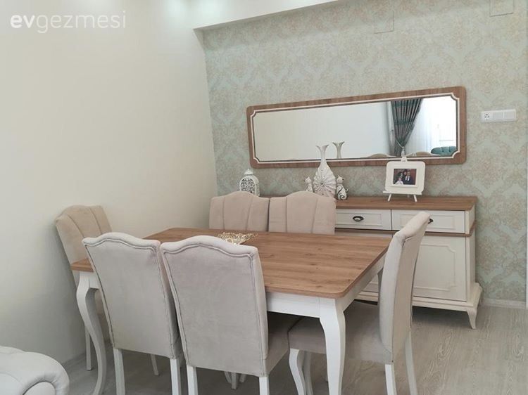 Ahşap Mobilya, Ayna, Country, Duvar kağıdı, Mavi, Salon, Yemek Odası