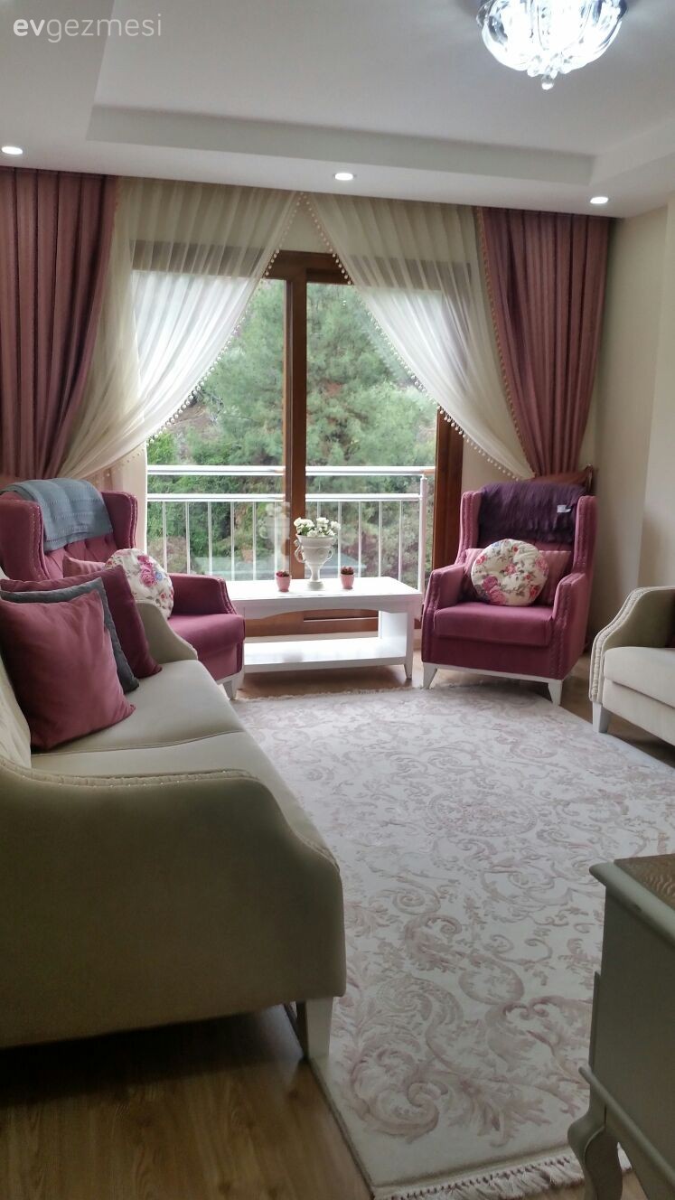 Fon perde, Halı, Oturma Odası, Pembe, Perde