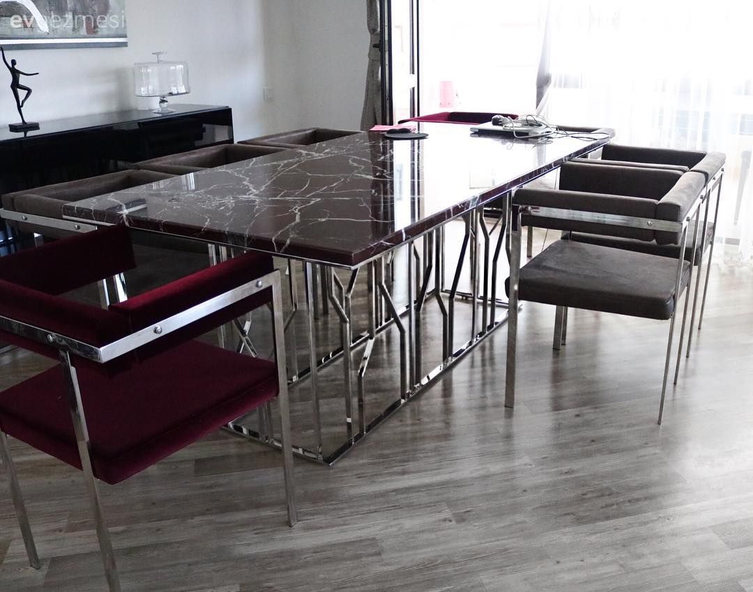 Bordo, Gri, Mermer, Salon, Yemek Odası, Mermer masa, Metal sandalye