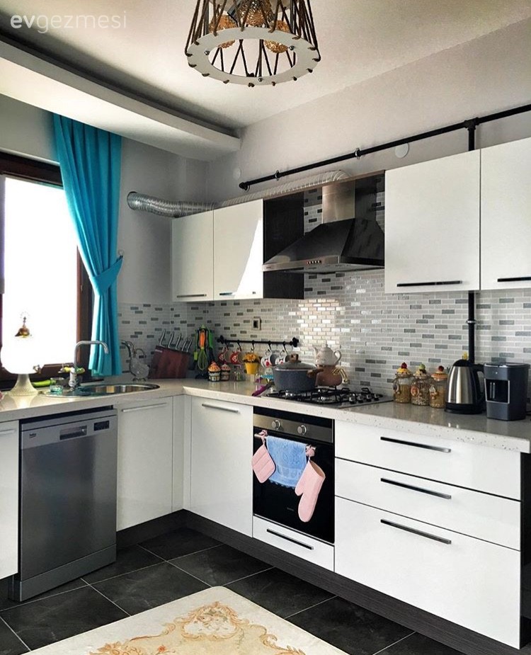 Ankastre, Beyaz mutfak, Mavi, Mutfak, Perde, Mutfak perdesi