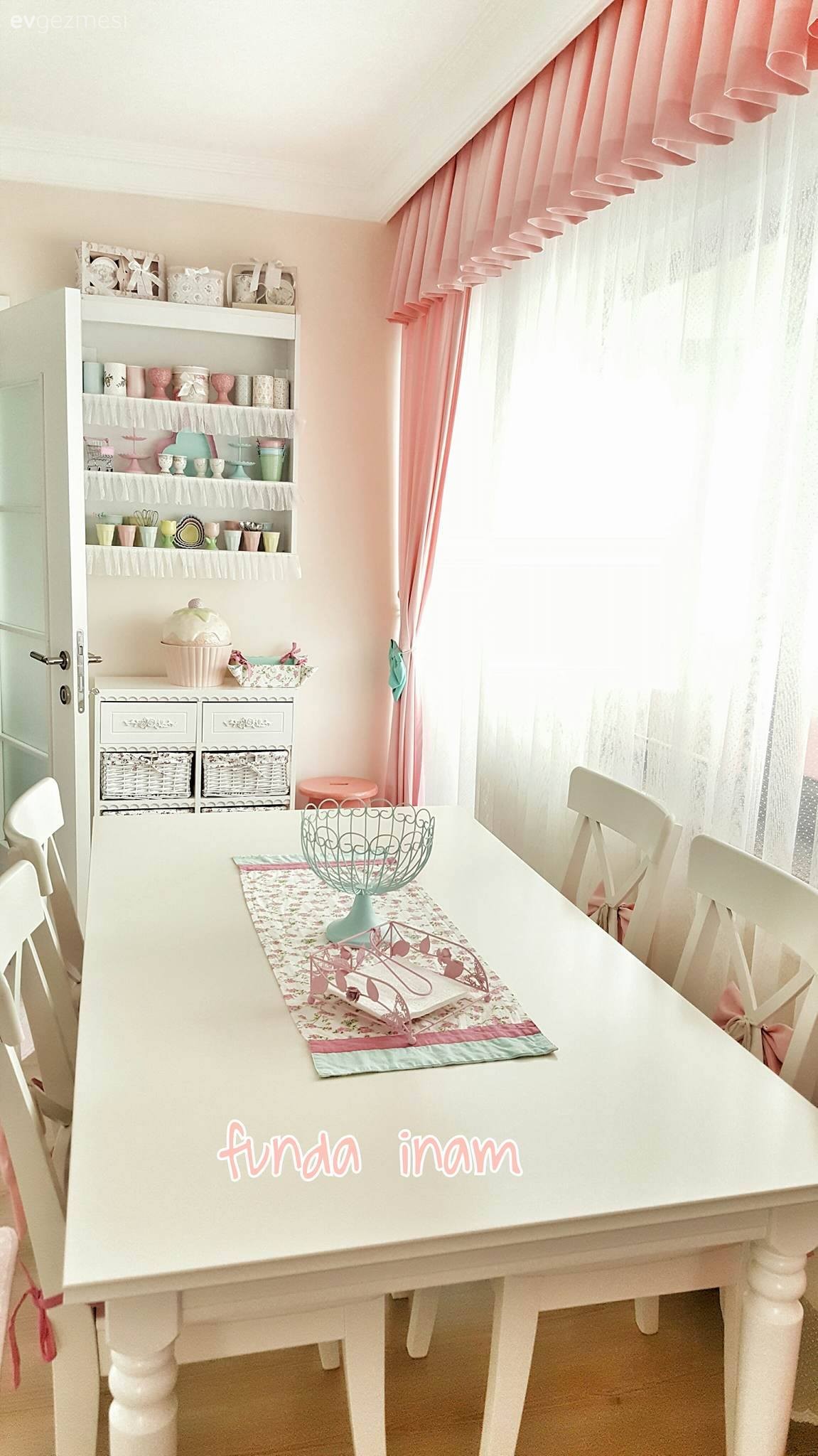 Beyaz mutfak, Country mutfak, Mutfak, Mutfak masası, Pembe, Perde, Terek