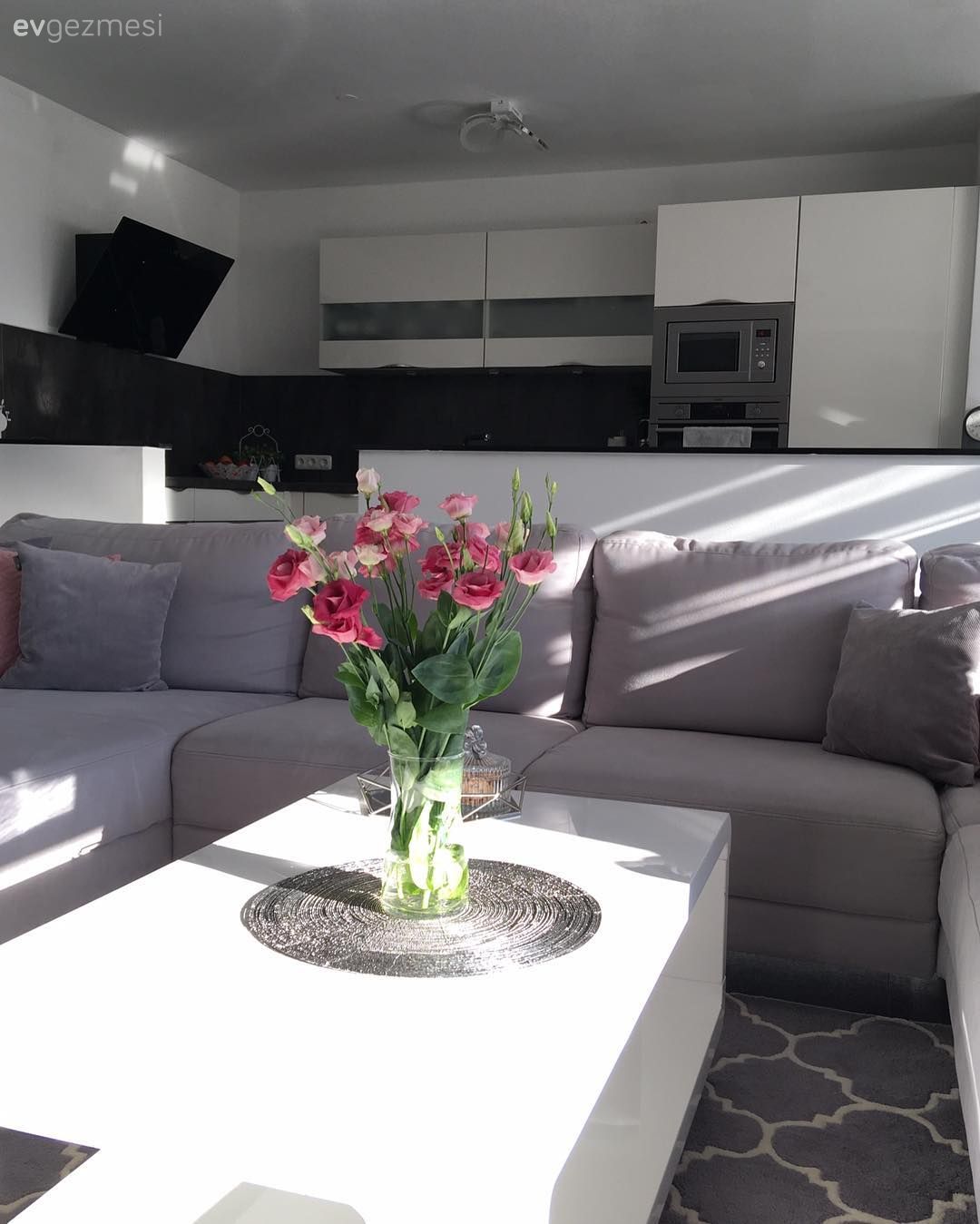 Çiçekler, Amerikan Mutfak, Salon, Köşe koltuk, Orta sehpa, Halı, Gri, Uzanma koltuklu köşe