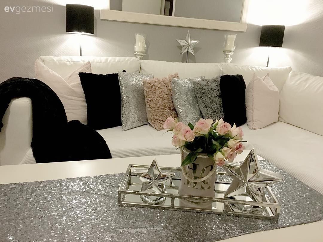 Salon, Abajur, Dekoratif Objeler, Orta sehpa, Gümüş, Siyah, Pembe, Kırlent