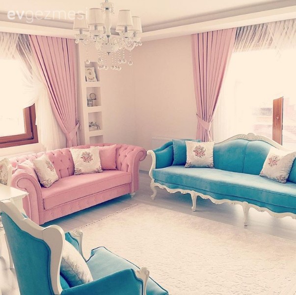 Berjer, Country, Fon perde, Halı, Mavi, Pembe, Perde, Salon