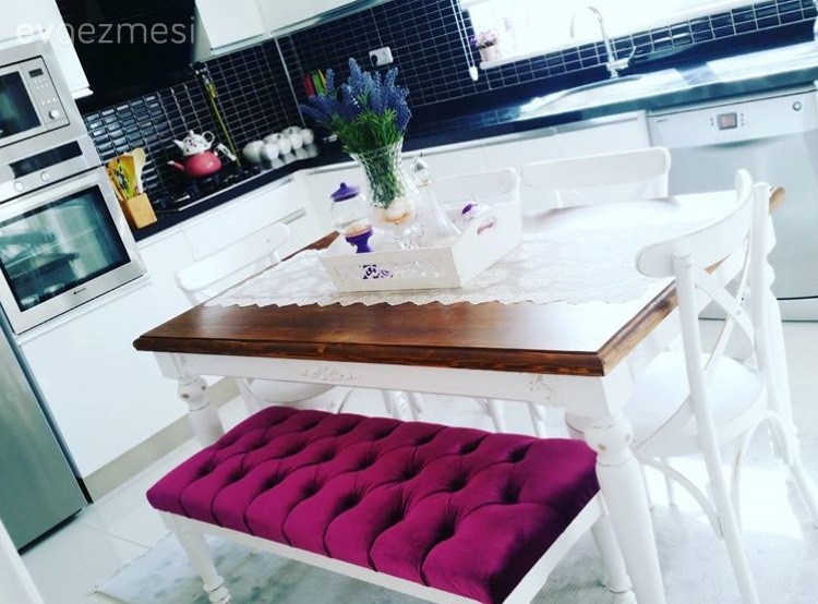 Ahşap Mobilya, Bank, Beyaz mutfak, Country, Fuşya, Mutfak, Mutfak masası