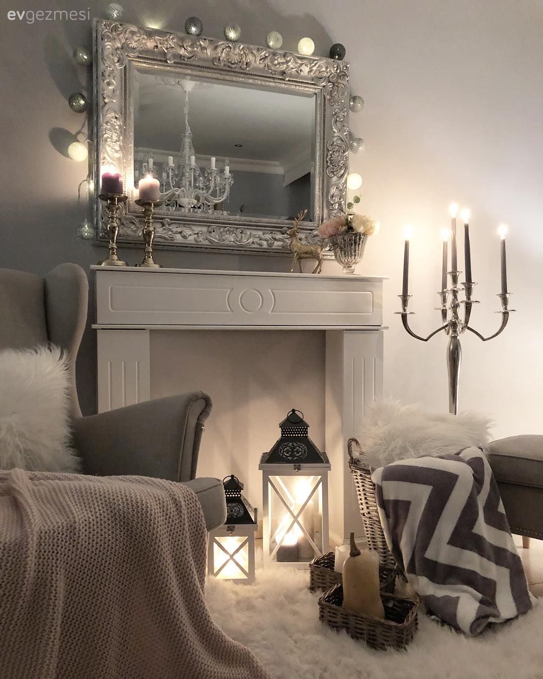 Şömine, Fener, Ayna, Şamdan, Koltuk örtüsü, Berjer, Dekoratif Objeler, Ev Aksesuar, Mum, Mumluk, Salon, Dekoratif şömine