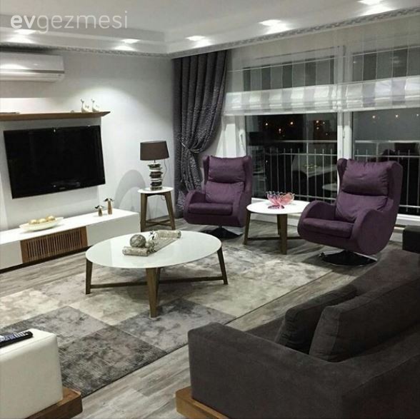 Berjer, Halı, Mor, Perde, Salon, Sehpa, Tv ünitesi