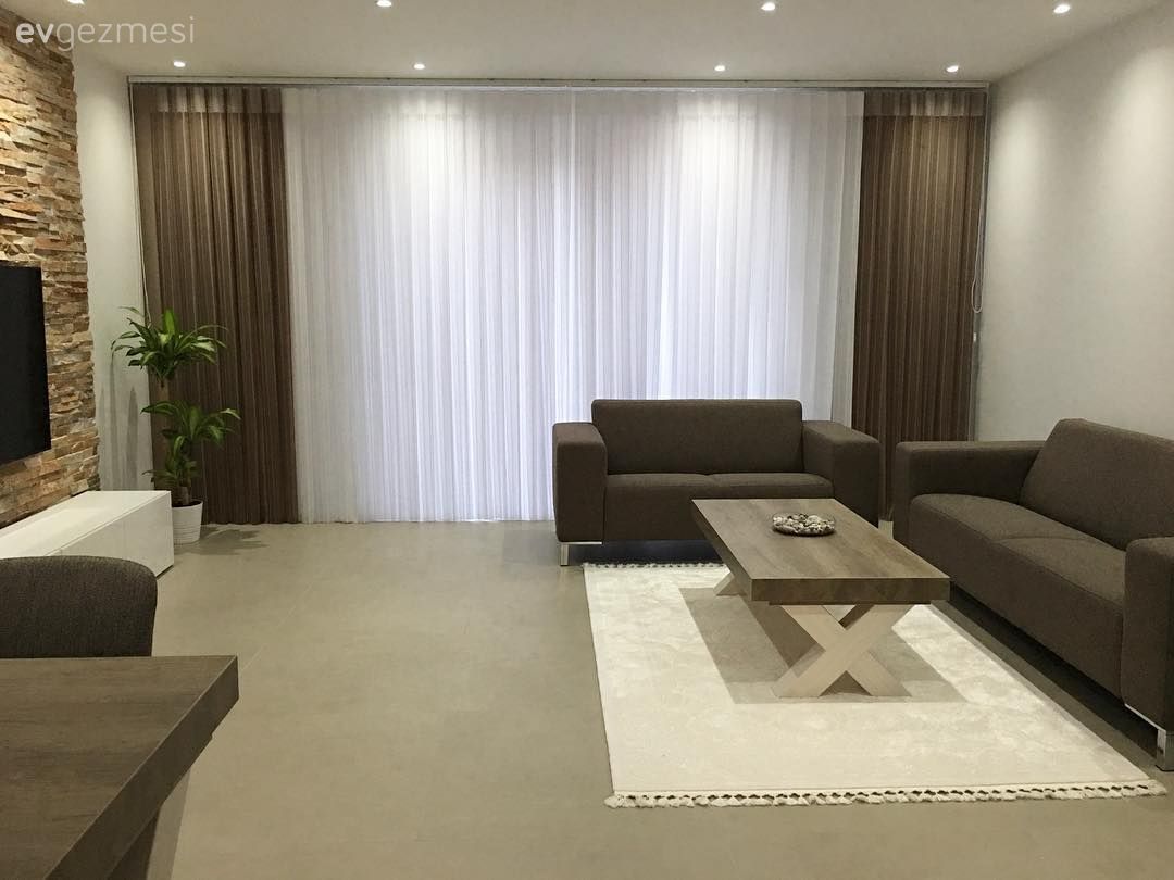 Ahşap Mobilya, Fon perde, Gri, Halı, Modern, Orta sehpa, Salon, Perde