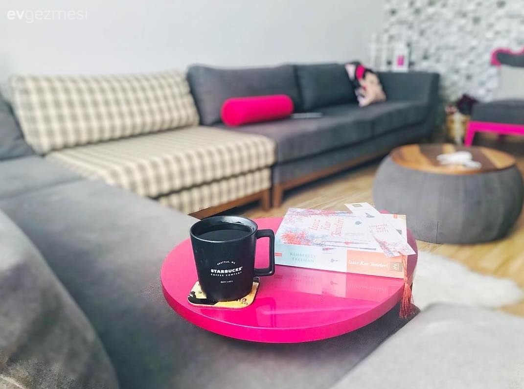 Oturma Odası, Gri, Köşe koltuk, Orta sehpa, Yan sehpa, Pembe