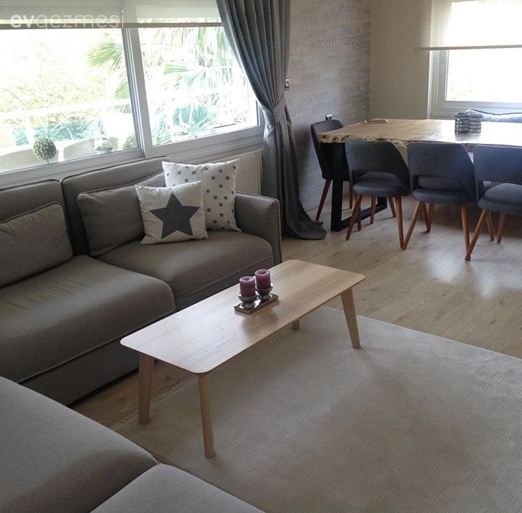 Ahşap Mobilya, Fon perde, Gri, Halı, Orta sehpa, Yemek Odası, Perde