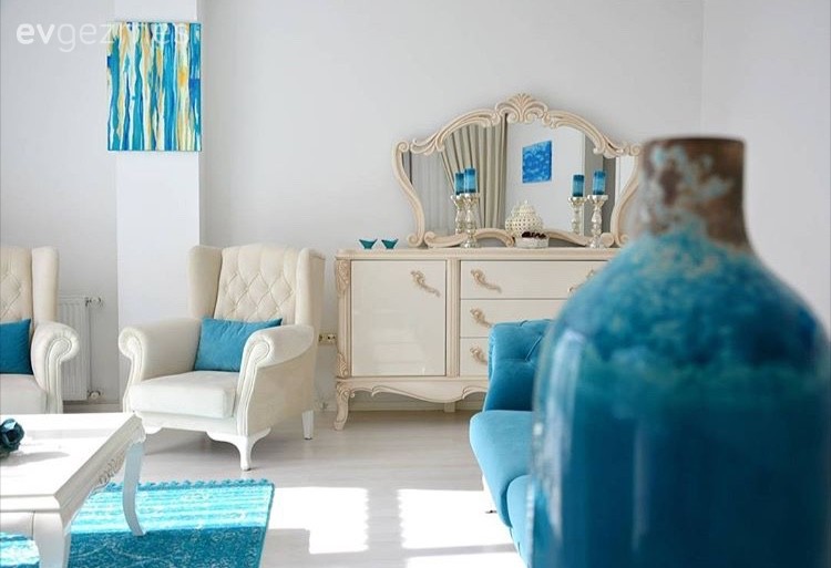 Berjer, Halı, Konsol, Krem, Mavi, Salon, Tablo