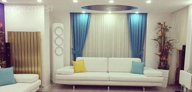 Beyaz, Fon perde, Mavi, Salon, Sarı, Perde