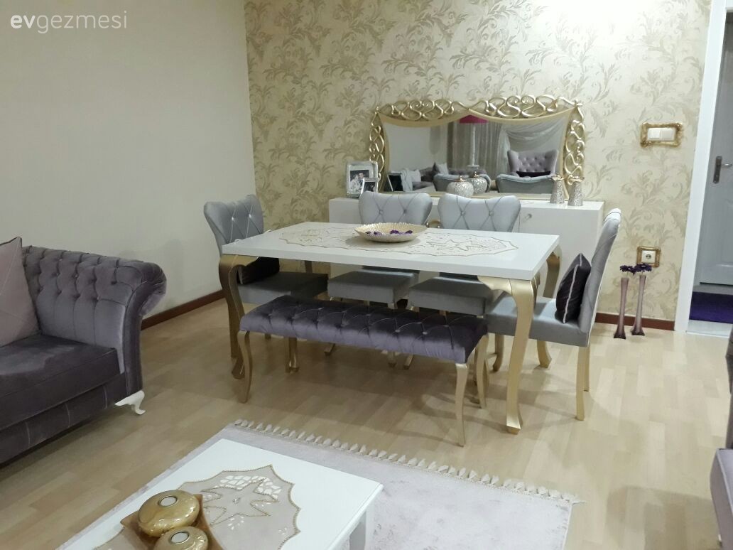 Altın, Ayna, Duvar kağıdı, Gri, Salon, Yemek Odası