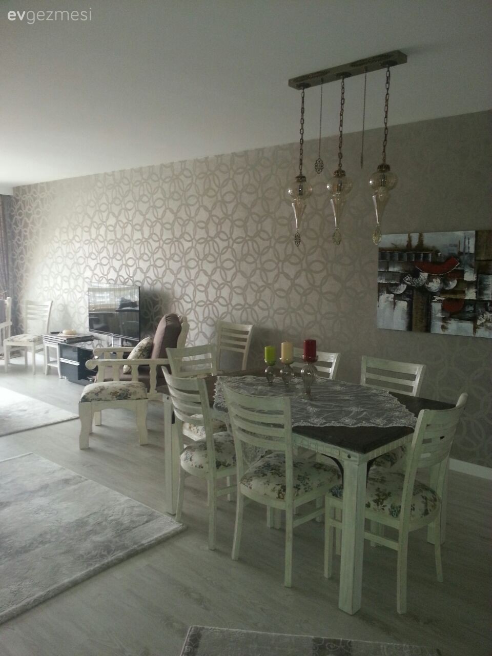 Ahşap Mobilya, Avize, Aydınlatma, Beyaz, Duvar kağıdı, Salon, Yemek Odası