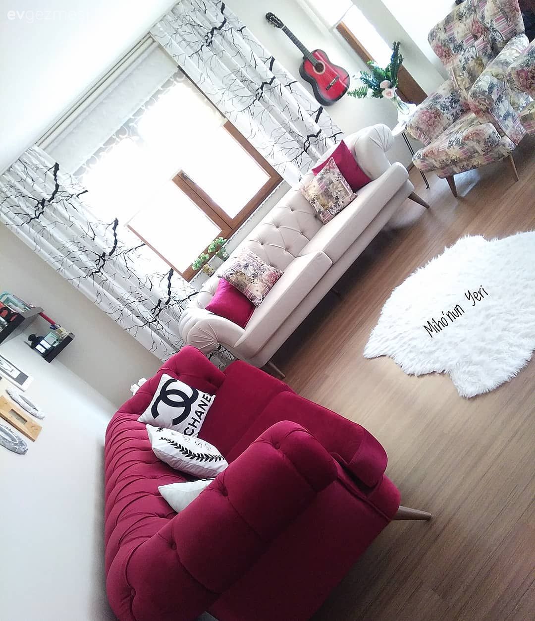 Salon, Fon perde, Perde, Halı, Kırmızı, Krem, Berjer