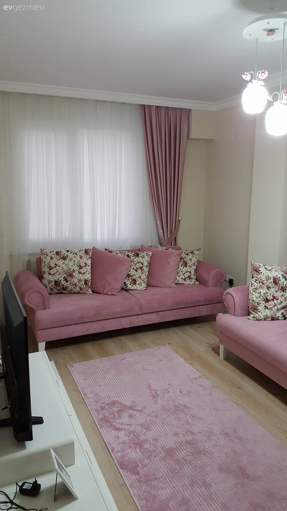 Fon perde, Halı, Oturma Odası, Pembe, Perde