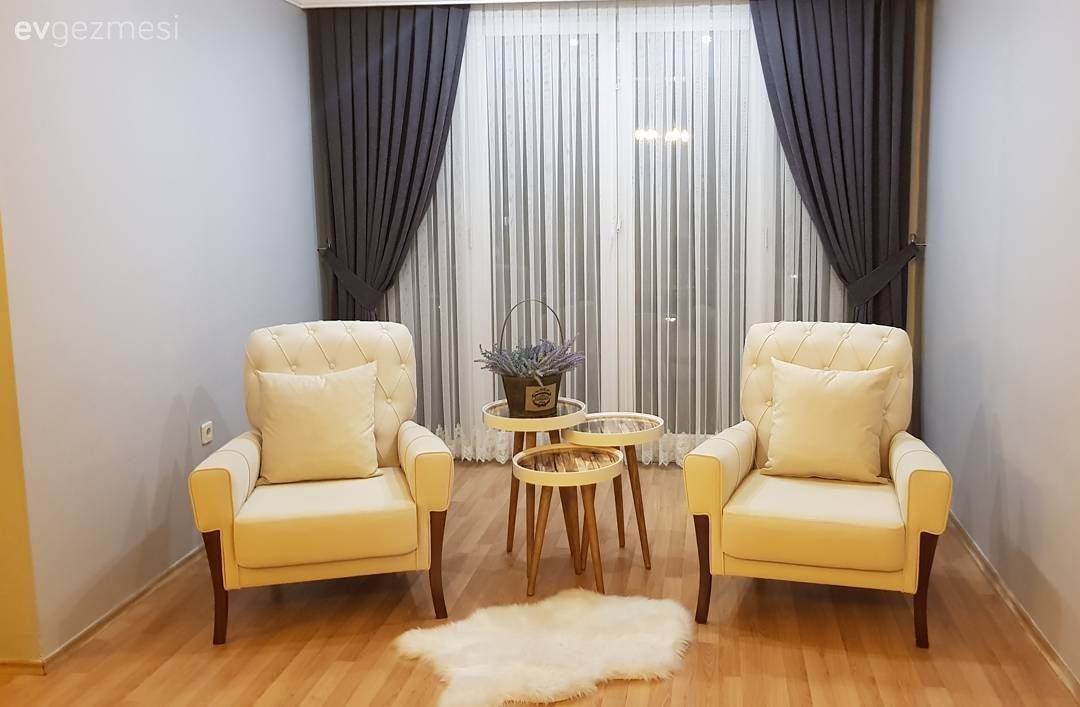 Berjer, Salon, Krem, Fon perde, Perde, Zigon sehpa