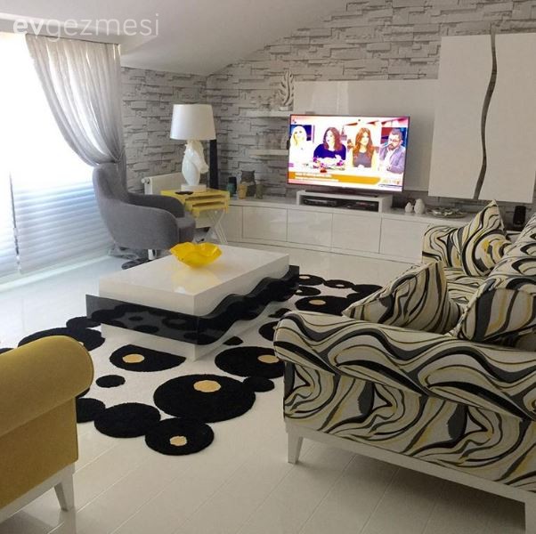 Duvar kağıdı, Oturma Odası, Sarı, Sehpa, Siyah- Beyaz, Tv ünitesi