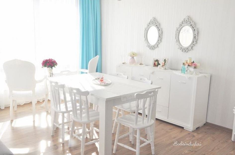 Beyaz, Mavi, Salon, Yemek Odası