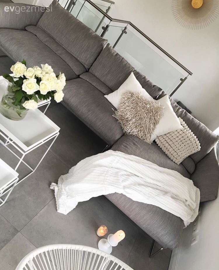 Gri, Köşe koltuk, Modern, Orta sehpa, Salon, Kırlent