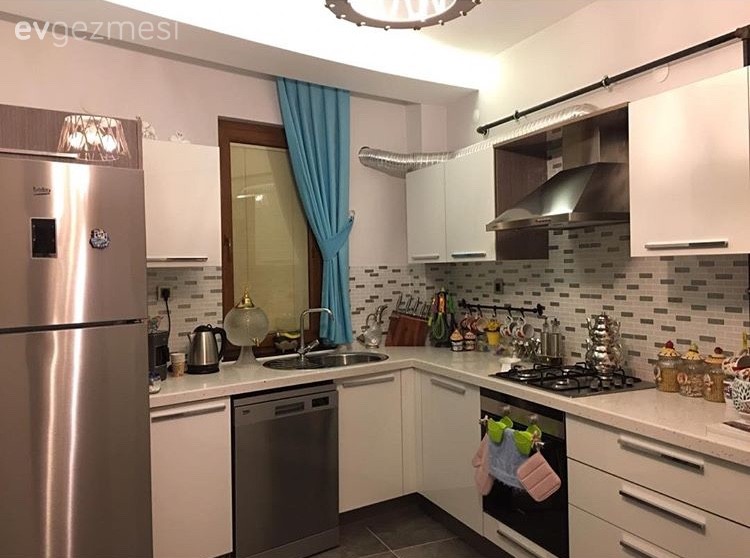 Ankastre, Beyaz mutfak, Mavi, Mutfak, Perde