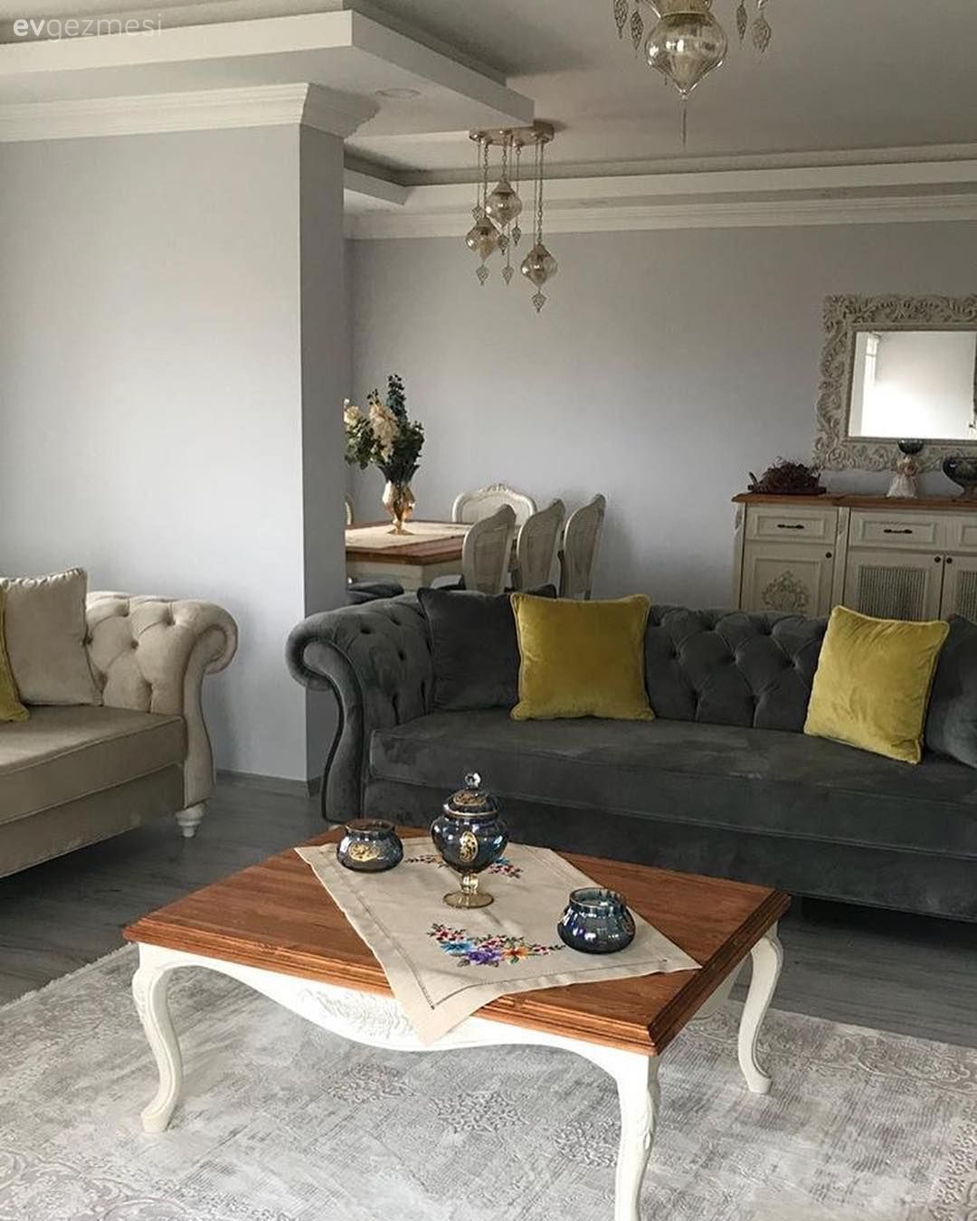 Salon, Orta sehpa, Halı, Country salon, Country, Ahşap Mobilya, Gri, Chesterfield